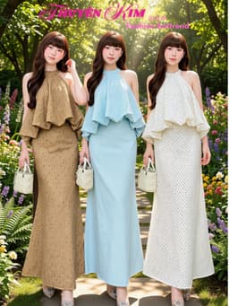Set váy dài thiết kế nàng thơ áo cổ yếm chất Đũi chấm bi dáng bí bồng phối chân váy dáng đuôi cá dài 1