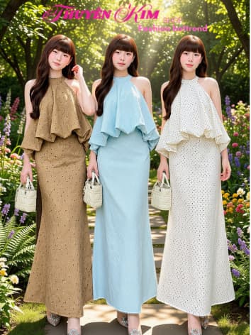 Set váy dài thiết kế nàng thơ áo cổ yếm chất Đũi chấm bi dáng bí bồng phối chân váy dáng đuôi cá dài