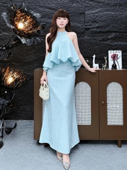Set váy dài thiết kế nàng thơ áo cổ yếm chất Đũi chấm bi dáng bí bồng phối chân váy dáng đuôi cá dài 3