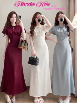 Đầm váy dài thiết kế tay bồng chất Tuyết Nhung 2 lớp phối dây nơ cổ sang trọng dáng dài suông_QC 1