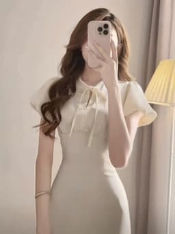 Đầm váy dài thiết kế tay bồng chất Tuyết Nhung 2 lớp phối dây nơ cổ sang trọng dáng dài suông_QC 2