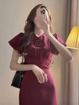 Đầm váy dài thiết kế tay bồng chất Tuyết Nhung 2 lớp phối dây nơ cổ sang trọng dáng dài suông_QC 3