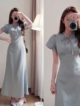 Đầm váy dài thiết kế tay bồng chất Tuyết Nhung 2 lớp phối dây nơ cổ sang trọng dáng dài suông_QC 7