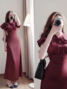 Đầm váy dài thiết kế tay bồng chất Tuyết Nhung 2 lớp phối dây nơ cổ sang trọng dáng dài suông_QC 8