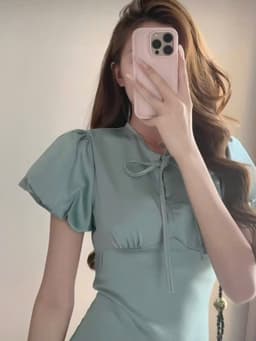 Đầm váy dài thiết kế tay bồng chất Tuyết Nhung 2 lớp phối dây nơ cổ sang trọng dáng dài suông_QC 4