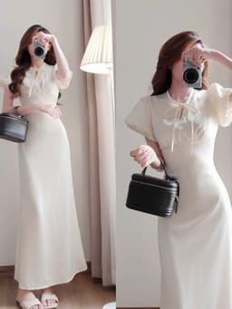 Đầm váy dài thiết kế tay bồng chất Tuyết Nhung 2 lớp phối dây nơ cổ sang trọng dáng dài suông_QC 6