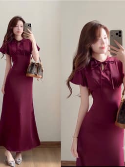 Đầm váy dài thiết kế tay bồng chất Tuyết Nhung 2 lớp phối dây nơ cổ sang trọng dáng dài suông_QC 5