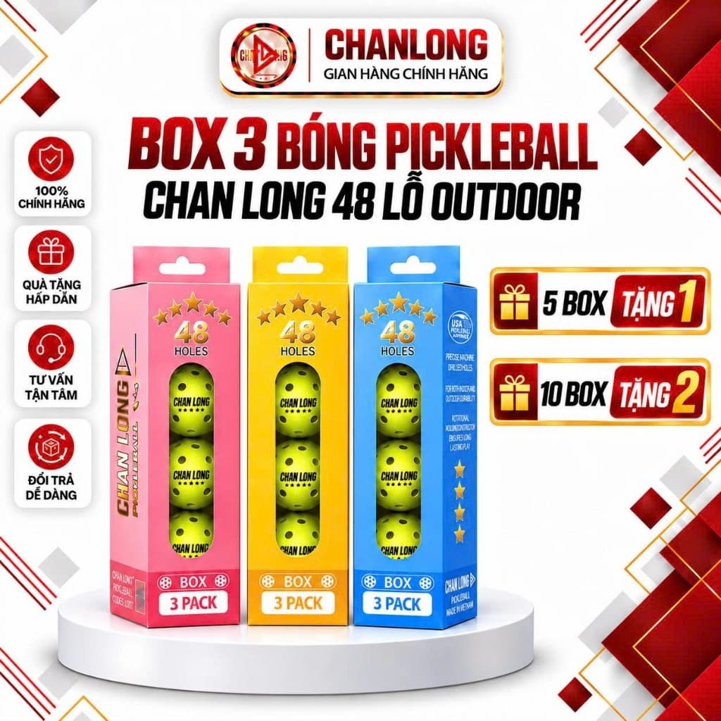 [CHÍNH HÃNG] Box 3 Bóng Pickleball CHANLONG 48 Lỗ Ngoài Trời, Bay Chuẩn, Đàn Hồi Tốt, Bền Chắc