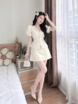 Set váy ngắn nàng thơ Hottrend áo cổ V chất Ren Hoa tay ngắn phối dây nơ mix chân váy chữ A có lót 3