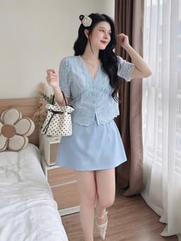 Set váy ngắn nàng thơ Hottrend áo cổ V chất Ren Hoa tay ngắn phối dây nơ mix chân váy chữ A có lót 4