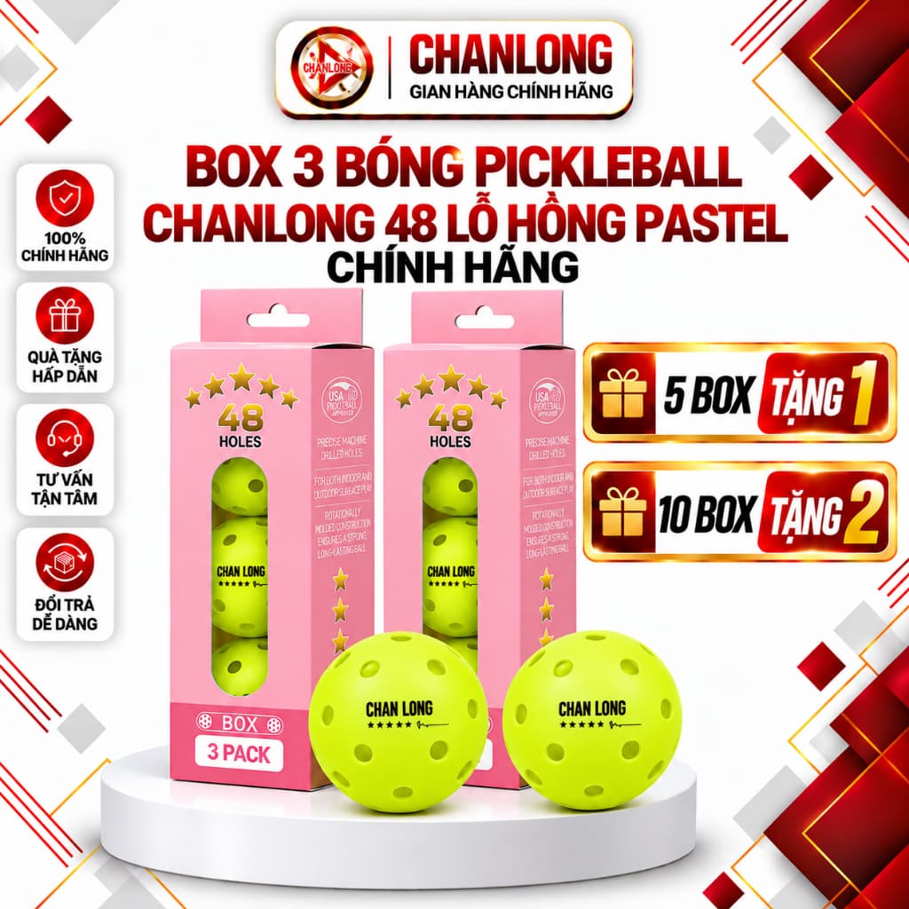 Box 3 Bóng Pickleball CHANLONG 48 Lỗ Hồng Pastel Chính Hãng, Bóng Outdoor Chống Méo, Nảy Đều