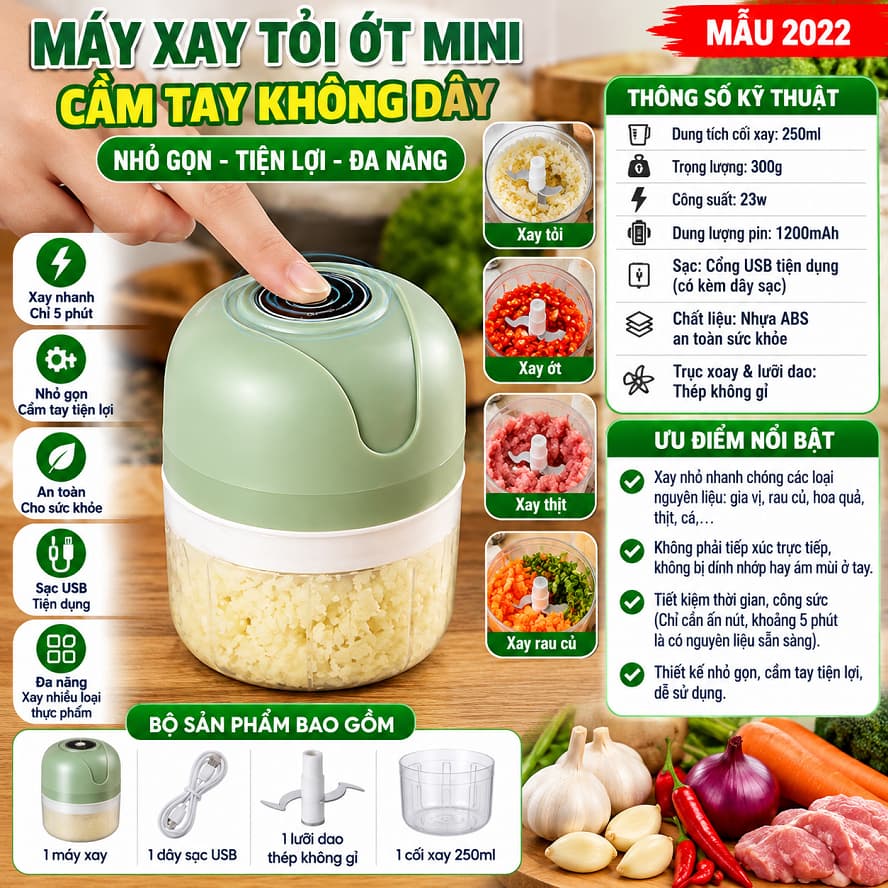 Máy Xay Tỏi Xài Pin 250ml 50w Mẫu 2022 và Dụng Cụ Xay Tỏi Ớt Kéo Tay Mẫu Trắng/ Máy Xay Tỏi ớt (Heo). LMS