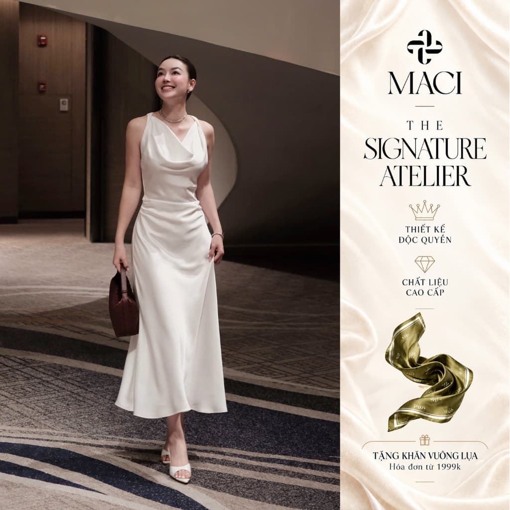 Đầm Lụa Queen Cổ Đổ Xoắn Vai Nhún Eo Hai Lớp Không Gồm Vest MACI MCVVATR0427 Thời Trang Nữ
