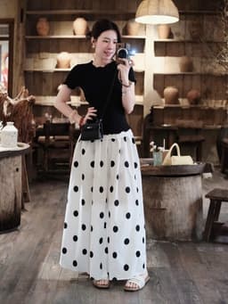 Set váy dài thiết kế công sở áo Thun ôm cổ tròn trẻ trung phối chân váy chấm bi dáng dài xòe thanh lịch 4