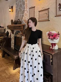 Set váy dài thiết kế công sở áo Thun ôm cổ tròn trẻ trung phối chân váy chấm bi dáng dài xòe thanh lịch 6