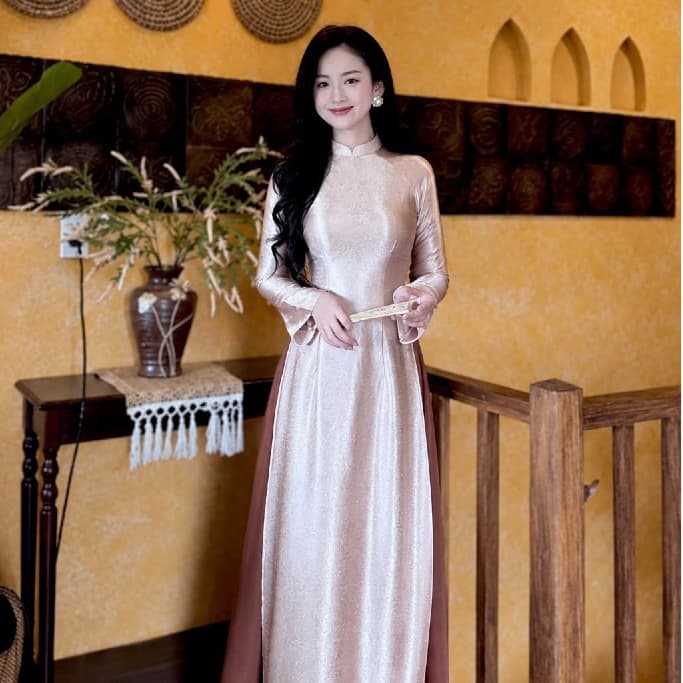 Áo dài Hà Vy, dáng chiết eo truyền thống  lụa titan tráng gương cao cấp- Áo Dài Nguyệt An