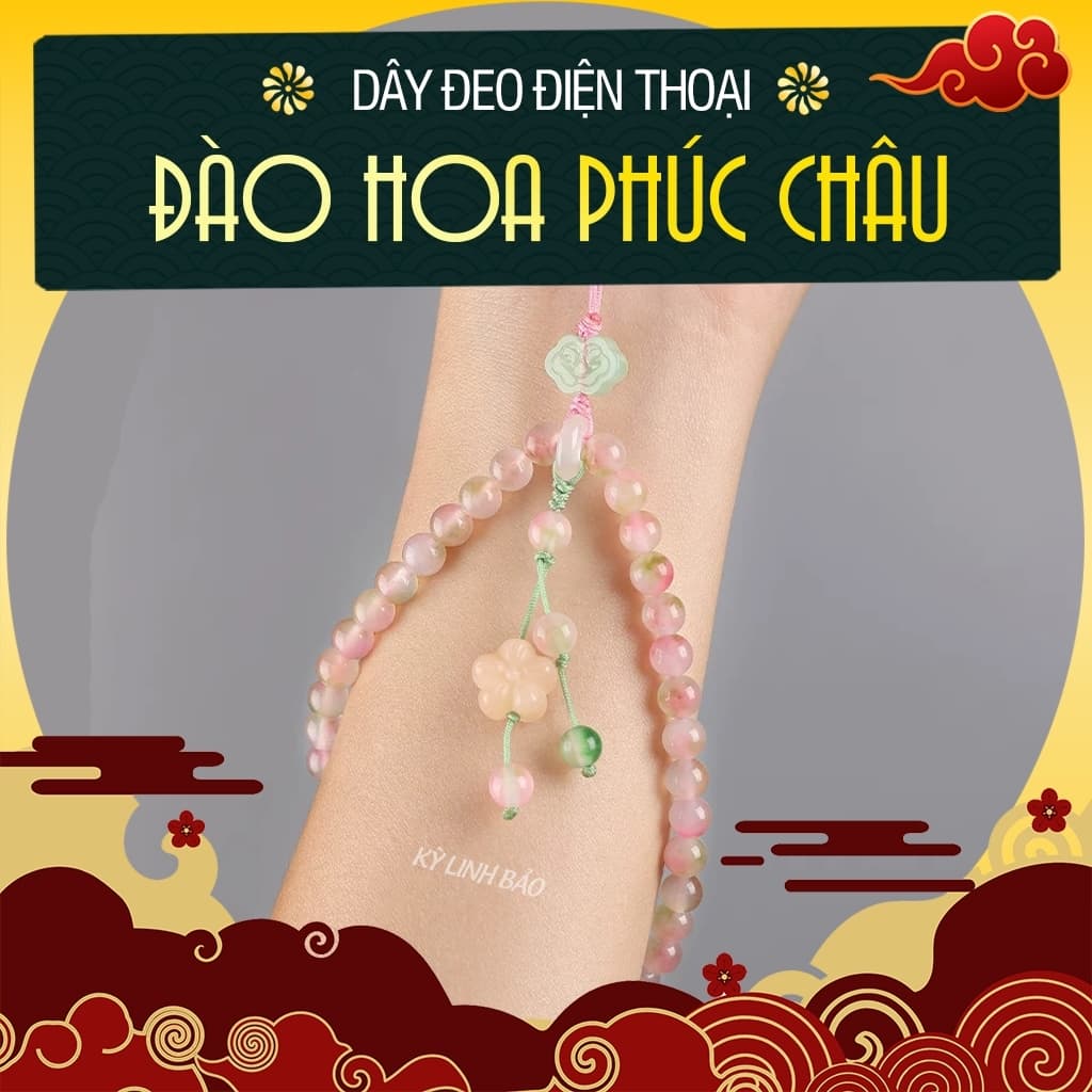 Dây Đeo Điện Thoại Dài Đào Hoa Phúc Châu Đá Phong Thủy Phong Cách Thanh Lịch Chiêu Tài Lộc, May Mắn