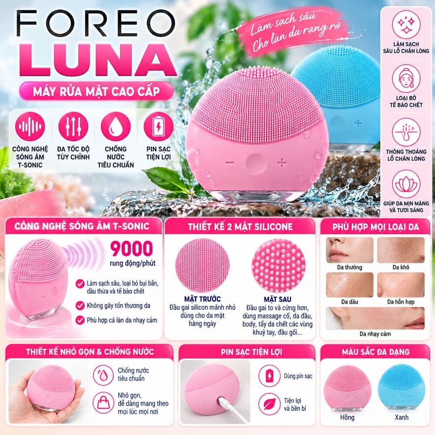 Máy Rửa Mặt Foreo Luna và Cọ Rửa Mặt, Masage Tạo Bọt Bạch Tuộc Cao Su/ Rửa mặt 5in1 AE-8782, LMS