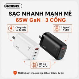 Cốc/ Củ sạc nhanh 65W GaN Remax RP-U55 và 45W Wekome WP-U103/ 30W Pisen TS-C195/ 67W U2-AC67W 1