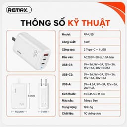 Cốc/ Củ sạc nhanh 65W GaN Remax RP-U55 và 45W Wekome WP-U103/ 30W Pisen TS-C195/ 67W U2-AC67W 6