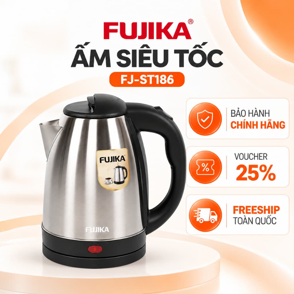[CHÍNH HÃNG] Ấm Siêu Tốc Fujika FJ-ST186 1.8 Lít, Bình Đun Nước Inox, Tự Ngắt Khi Sôi, Đế Xoay 360 Độ