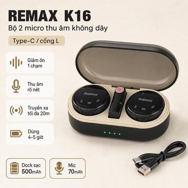 Bộ 2 Micro Thu Âm Cài Áo Remax K16 Li-ght-ning/ Type-c và 1 Micro k02/ K23