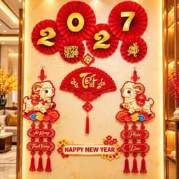 (ok1 set tặng 1 quạt 2027 ) Combo Liễn Treo Dê & Khánh Quạt Tết Trang Trí Tết 2027 , Combo 3 Món Trang Trí Tết May Mắn 3