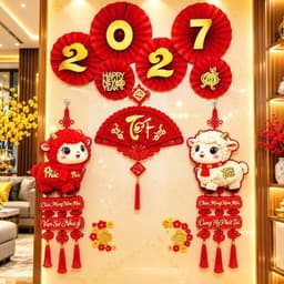 (ok1 set tặng 1 quạt 2027 ) Combo Liễn Treo Dê & Khánh Quạt Tết Trang Trí Tết 2027 , Combo 3 Món Trang Trí Tết May Mắn 1