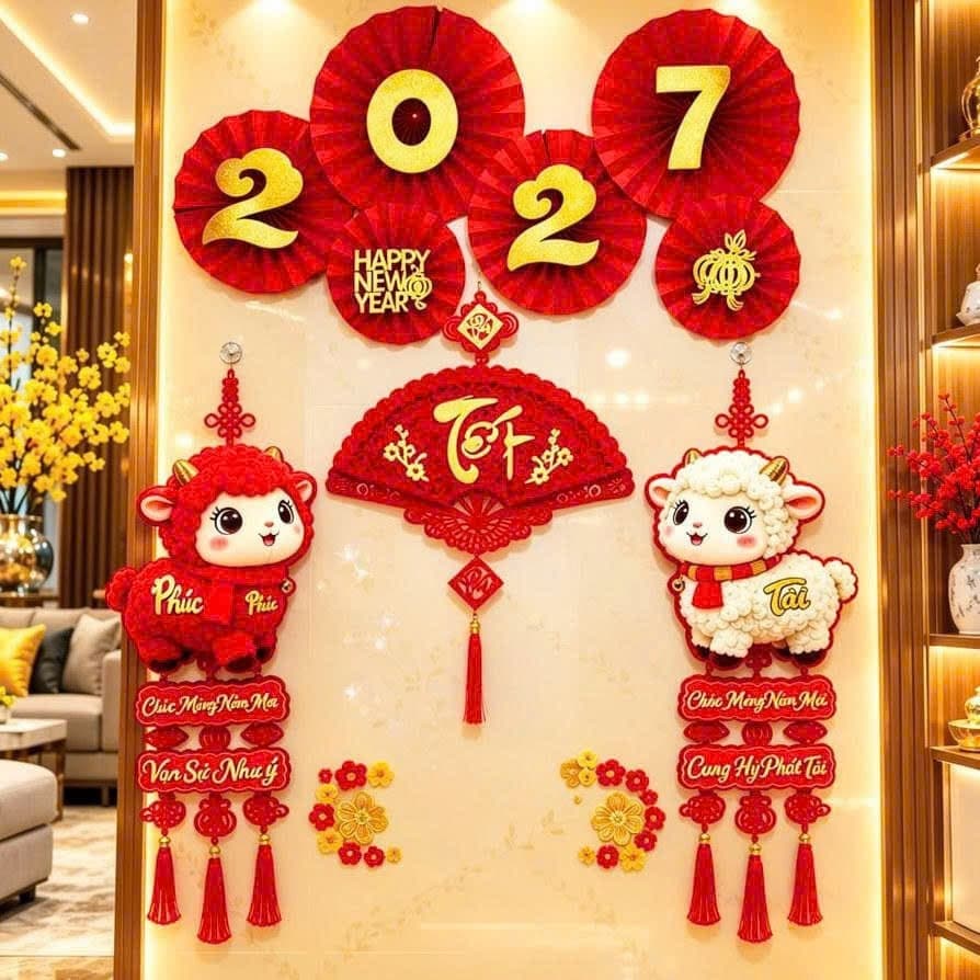 (ok1 set tặng 1 quạt 2027 ) Combo Liễn Treo Dê & Khánh Quạt Tết Trang Trí Tết 2027 , Combo 3 Món Trang Trí Tết May Mắn