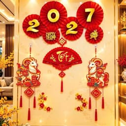 (ok1 set tặng 1 quạt 2027 ) Combo Liễn Treo Dê & Khánh Quạt Tết Trang Trí Tết 2027 , Combo 3 Món Trang Trí Tết May Mắn 2