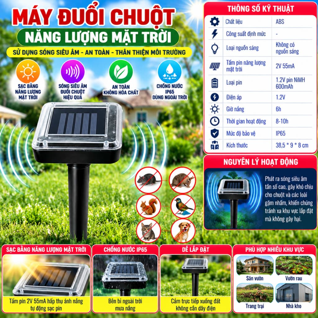 Máy Đuổi Chuột Năng Lượng Mặt Trời và Máy đuổi côn trùng bằng sóng siêu âm Pest Reject/ Sonic MT610E