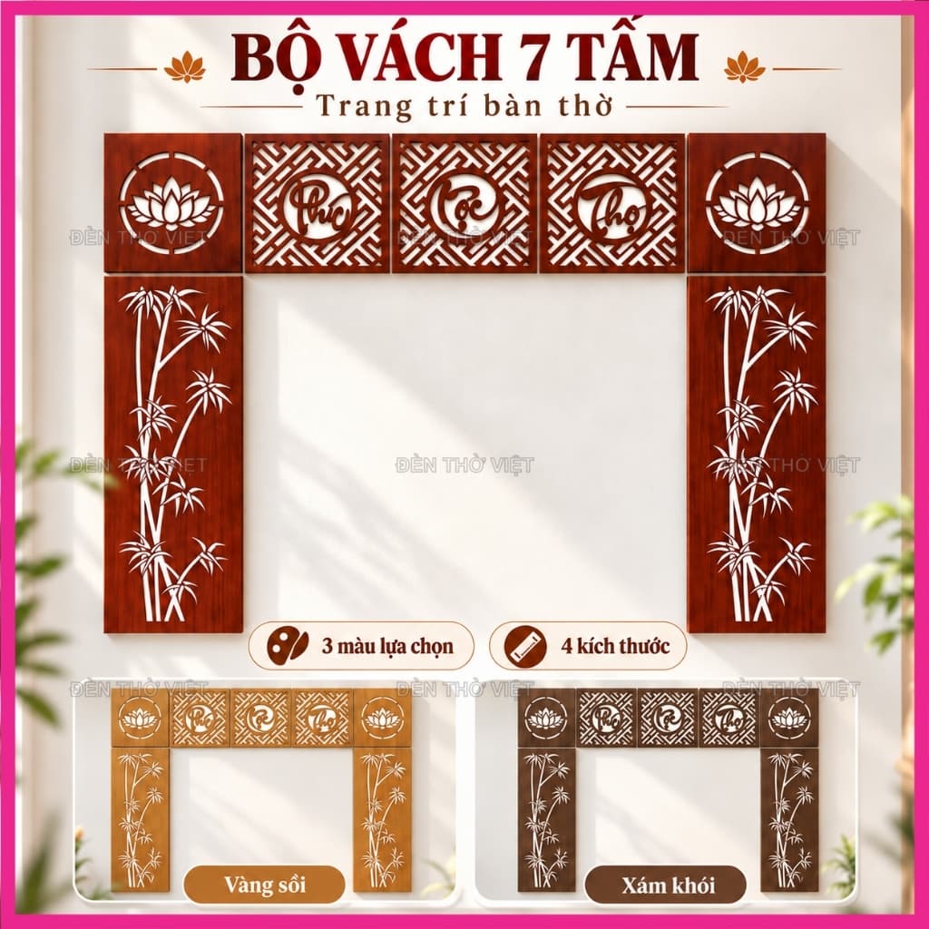 Bộ 7 Tấm Vách Gỗ MDF Trang Trí Bàn Thờ Gia Tiên Phúc Lộc Thọ Hoa Sen Lõi Xanh Chống Ẩm Dày 3mm Nhiều Màu Kích Thước