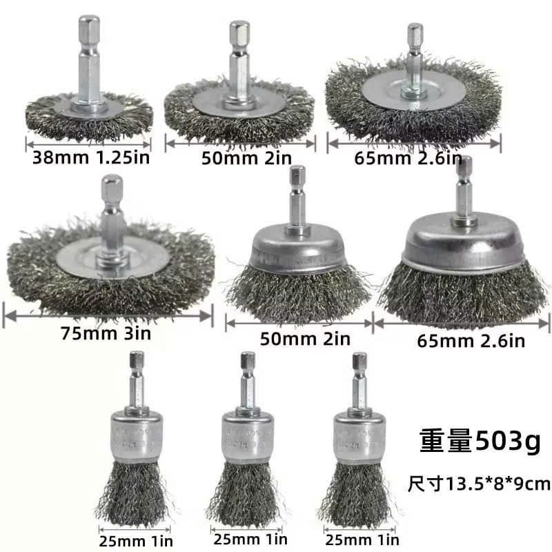Bộ Chổi Đánh Gỉ 9 Chi Tiết Chân Lục Giác 1/4” Thép Carbon – Đánh Rỉ, Làm Sạch Kim Loại