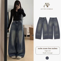 Quần Jean Nữ Suông Ống Cong AN TÂY Cạp Cao Hack Eo Style Vintage Cá Tính Chiều Dài 100cm #8900 Màu Xanh Than Wash Xước 1
