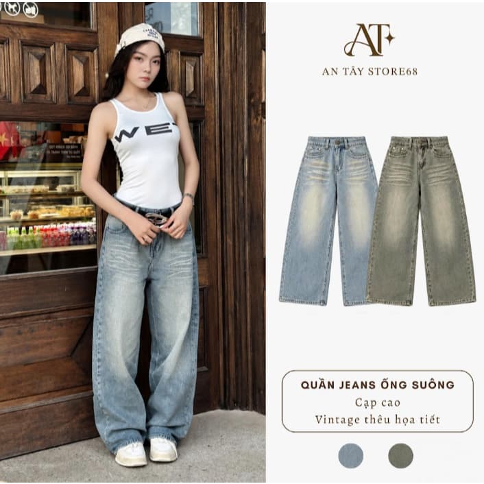 Quần Jean Nữ Suông Rộng Cạp Cao AN TÂY Vải  Xước Vintage Thêu Hoạ Tiết Túi Sau Có Nắp 100cm #8898-99 Xám Rêu/Xanh Nhạt