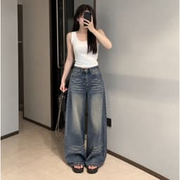 Quần Jean Nữ Suông Ống Cong AN TÂY Cạp Cao Hack Eo Style Vintage Cá Tính Chiều Dài 100cm #8900 Màu Xanh Than Wash Xước 3