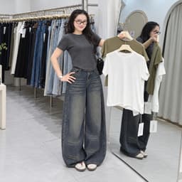 Quần Jean Nữ Suông Ống Cong AN TÂY Cạp Cao Hack Eo Style Vintage Cá Tính Chiều Dài 100cm #8900 Màu Xanh Than Wash Xước 5