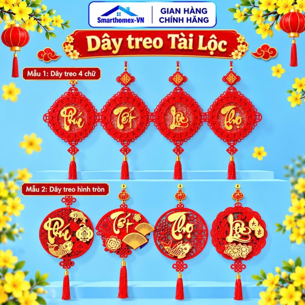 [TẾT2027]Dây Treo Thần Tài Nhung Đỏ Chữ Phúc Lộc Thọ Hình Thoi Hình Quạt Trang Trí Tết Phong Thủy