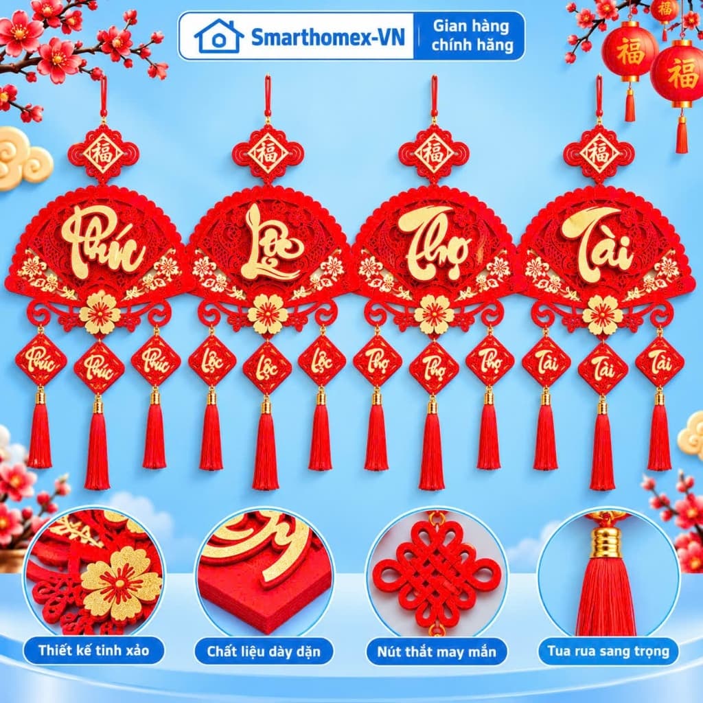 [TẾT 2027] Khánh Quạt Nhung Khắc Chữ Tết - Phúc - Lộc - Thọ, Mẫu Mới 3 Tua, Treo Nhà Phong Thủy, Decor Tết May Mắn