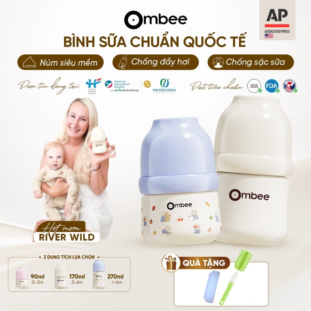 Bình Sữa Ombee Chất Liệu PPSU Cổ Rộng Chống Sặc Chống Đầy Hơi Núm Ti Mềm 90ml/170ml/270ml