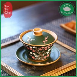 Chén khải thủy gốm đoàn nê men xanh lục họa tiết hoa đào đắp nổi 200ml 4