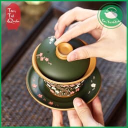 Chén khải thủy gốm đoàn nê men xanh lục họa tiết hoa đào đắp nổi 200ml 2