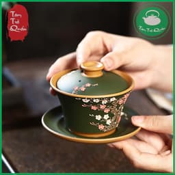 Chén khải thủy gốm đoàn nê men xanh lục họa tiết hoa đào đắp nổi 200ml 3