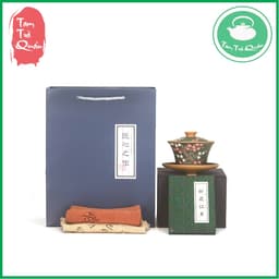 Chén khải thủy gốm đoàn nê men xanh lục họa tiết hoa đào đắp nổi 200ml 5