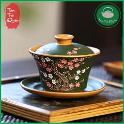 Chén khải thủy gốm đoàn nê men xanh lục họa tiết hoa đào đắp nổi 200ml 1