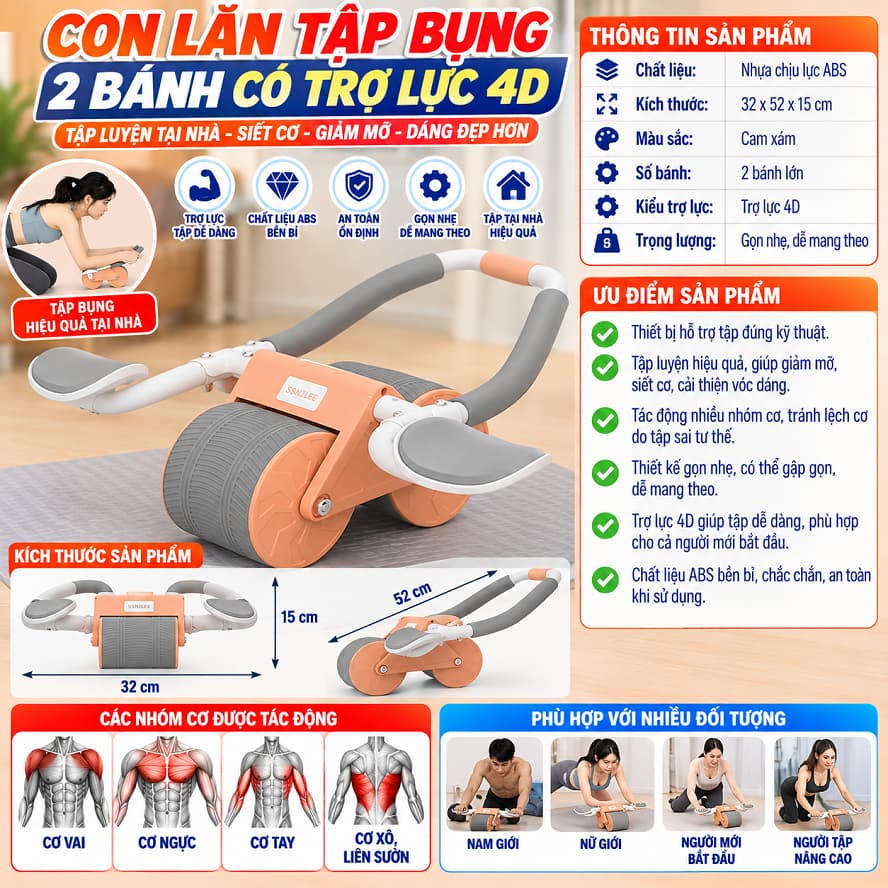 Con lăn tập bụng 2 bánh Có trợ lực 4D và 2023. LMS