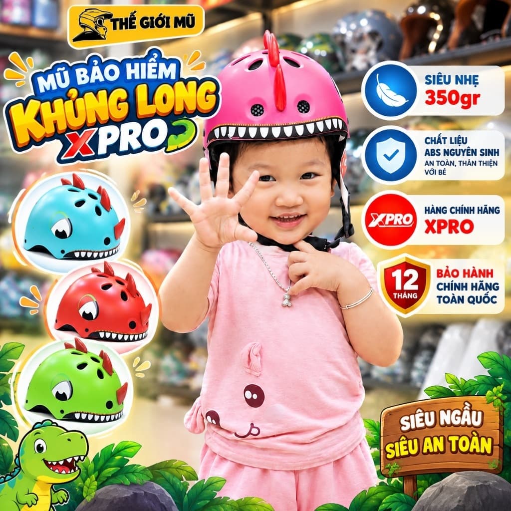 Mũ bảo hiểm khủng long trẻ em Xpro,nón bảo hiểm cho bé 1-4 tuổi và 4-8 tuổi tập đi xe đạp,xe máy,xe chòi chân,xe scooter