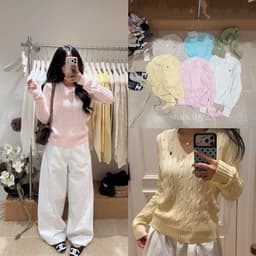 𝟏𝟒𝐚𝐦.𝐬𝐭𝐮𝐝𝐢𝐨 | Áo Len Nữ Cổ V Dệt Kim Vặn Thừng Thêu Logo Ngực Phong Cách Hàn Quốc Thanh Lịch Thu Đông 2
