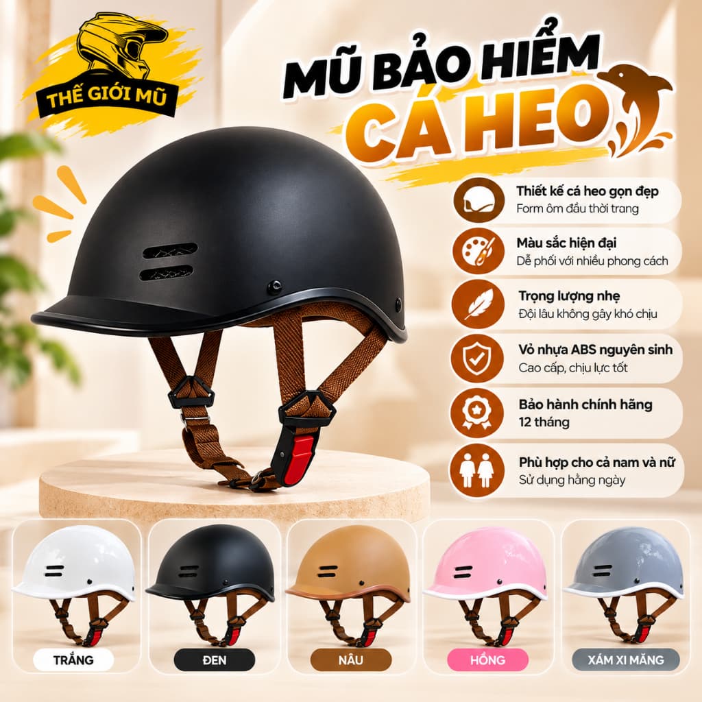 Mũ bảo hiểm cá heo nhiều màu Thế Giới Mũ, form ôm đầu, chính hãng CAMRY