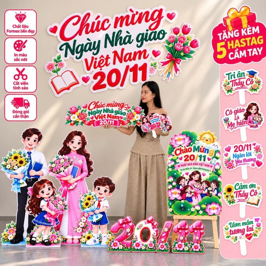 Set trang trí 20/11, back chụp ảnh, tặng kèm bảng tên, 5 hastag cầm tay , có chân đứng chắc chắn .ngày nhà giáo việt nam